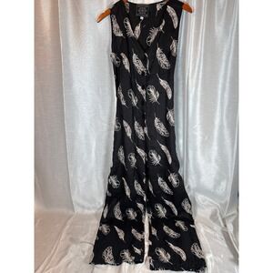 Johnny‎ Was Jade Jumpsuit Medium Black Feather Embroidered Sleeveless Button